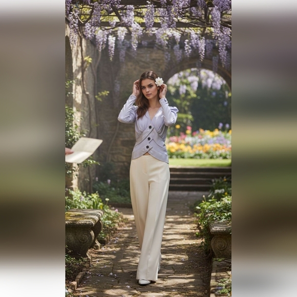 Della Roufogali Blue Gray Blazer with Satin Accents Decorative Buttons Size 8 - Picture 7 of 7